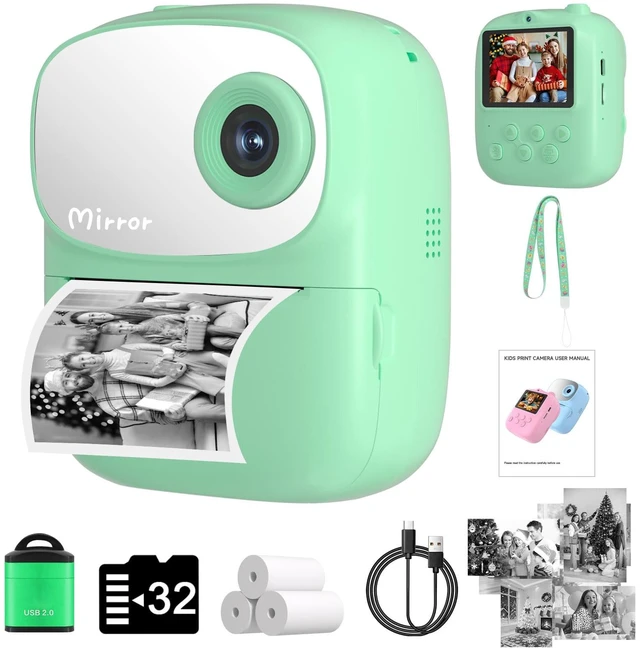 Main image of Kids Camera Instant Print for Kids with Mirror, HD Dual-Lens Selfie Digital Camera with 3 Rolls Print Paper & 32GB Card, Holiday Birthday Gifts Toys for Girls Boys Toddler. (Green)