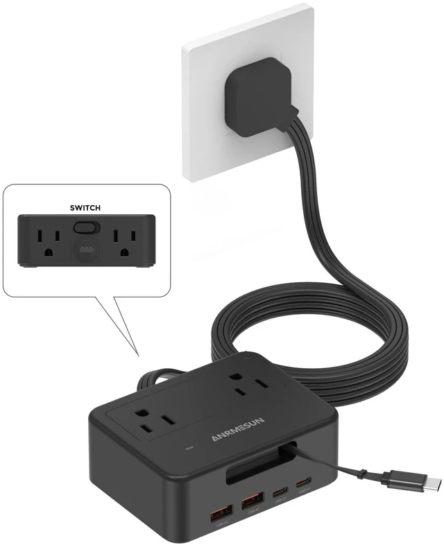 Main image of Power Strip with Retractable USB C Cable, 4 AC 4 USB, Black PD20W Fast Charge, 750°C Fire Resistant & Double Pole Safety Switch, 5FT Flat Plug Extension Cord for Home Office Dorm Travel