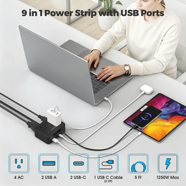 Alt view image 2 of 7 - Power Strip with Retractable USB C Cable, 4 AC 4 USB, Black PD20W Fast Charge, 750°C Fire Resistant & Double Pole Safety Switch, 5FT Flat Plug Extension Cord for Home Office Dorm Travel