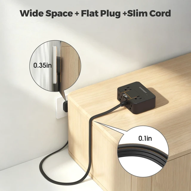 Alt view image 3 of 7 - Power Strip with Retractable USB C Cable, 4 AC 4 USB, Black PD20W Fast Charge, 750°C Fire Resistant & Double Pole Safety Switch, 5FT Flat Plug Extension Cord for Home Office Dorm Travel