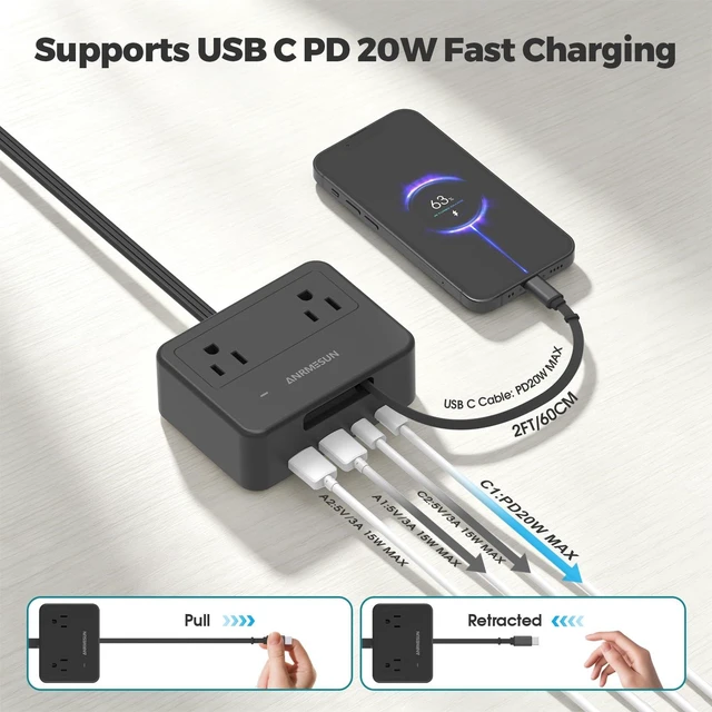 Alt view image 4 of 7 - Power Strip with Retractable USB C Cable, 4 AC 4 USB, Black PD20W Fast Charge, 750°C Fire Resistant & Double Pole Safety Switch, 5FT Flat Plug Extension Cord for Home Office Dorm Travel