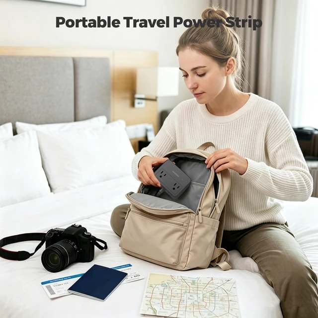 Alt view image 6 of 7 - Power Strip with Retractable USB C Cable, 4 AC 4 USB, Black PD20W Fast Charge, 750°C Fire Resistant & Double Pole Safety Switch, 5FT Flat Plug Extension Cord for Home Office Dorm Travel