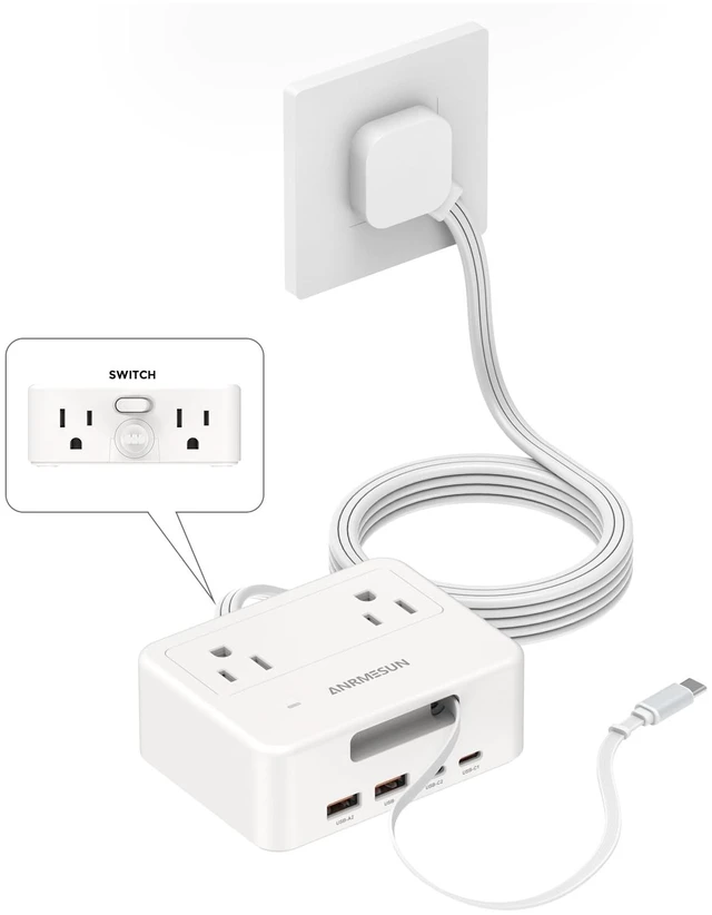 Main image of Power Strip with Retractable USB C Cable, 4 AC 4 USB White PD20W Fast Charge, 750°C Fire Resistant & Double Pole Safety Switch, 5FT Flat Plug Extension Cord for Home Office Dorm Travel
