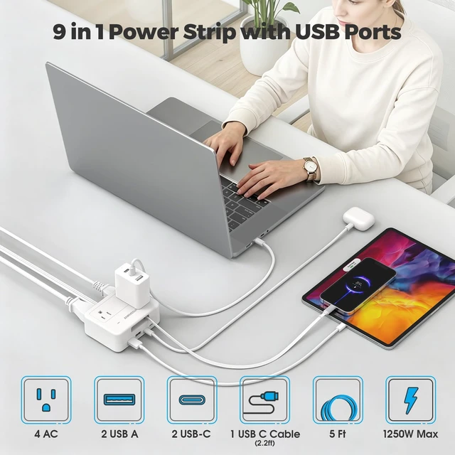 Alt view image 2 of 6 - Power Strip with Retractable USB C Cable, 4 AC 4 USB White PD20W Fast Charge, 750°C Fire Resistant & Double Pole Safety Switch, 5FT Flat Plug Extension Cord for Home Office Dorm Travel
