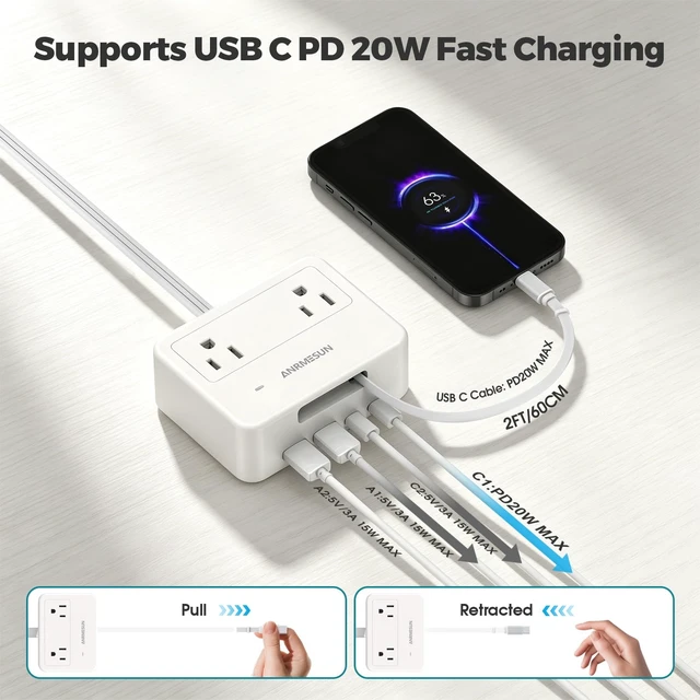Alt view image 3 of 6 - Power Strip with Retractable USB C Cable, 4 AC 4 USB White PD20W Fast Charge, 750°C Fire Resistant & Double Pole Safety Switch, 5FT Flat Plug Extension Cord for Home Office Dorm Travel