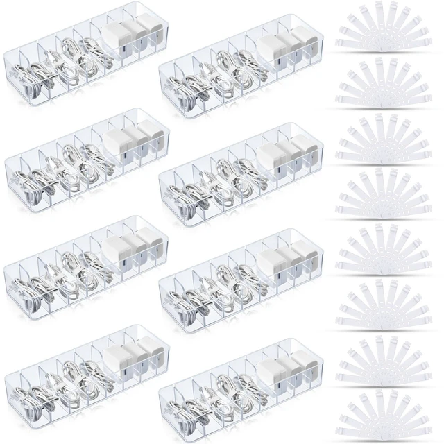 Main image of 8 Pcs Cable Organizer with 80 Wire Ties, Plastic Cord Storage Charger Box Electronics Organizer with Adjustment Compartments Cable Storage for Drawer Home Office Desk Accessories (Clear)