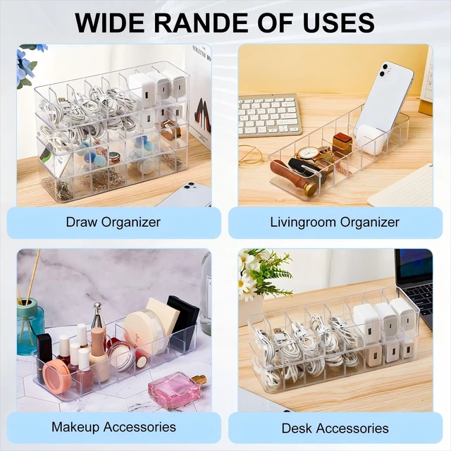 Alt view image 7 of 7 - 8 Pcs Cable Organizer with 80 Wire Ties, Plastic Cord Storage Charger Box Electronics Organizer with Adjustment Compartments Cable Storage for Drawer Home Office Desk Accessories (Clear)