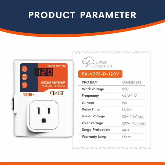 Alt view image 2 of 7 - Refrigerator Surge Protector LED Screen 140J Single Outlet Adjustable Low/High Voltage Protection Overload Power Surge Voltage Spike Guard for Home and Office Appliance 120V 15A 1800Watts