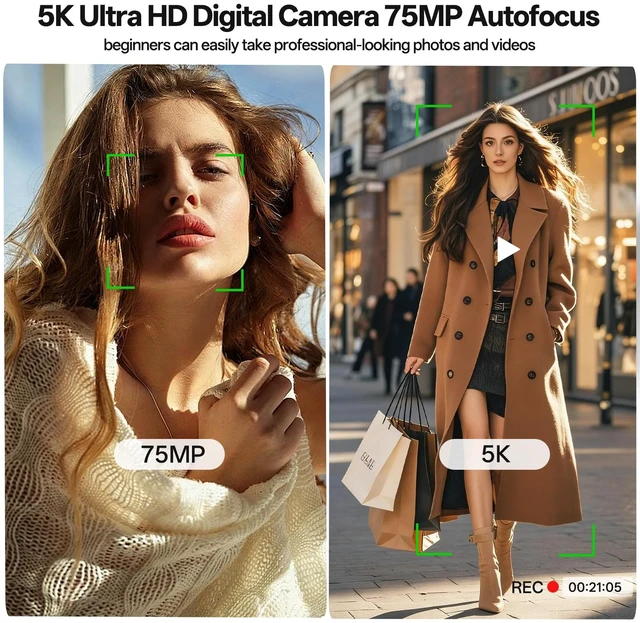 Alt view image 2 of 7 - 5K Digital Camera,75MP Cameras for Photography,WiFi Camara Fotografica,18X Point and Shoot Digital Cameras,Dual Lens Camera, 32GB Card,2 Batteries,YouTube&TikTok, Black