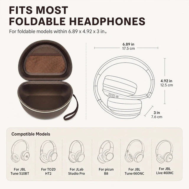 Alt view image 2 of 6 - Hard Headphone Case for Beats/for JBL/for TOZO&Foldable Headphone Crush-Resistant EVA Shell with Mesh Pocket for Cables, Fits Foldable Over-Ear Headphones for Travel, Brown, Case Only