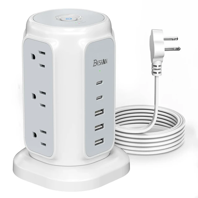 Main image of Power Strip Tower, 1625W Surge Protector with 9AC Outlets 5 USB Ports, 6.5 FT Extension Cord Charging Tower for Multiple Devices, for Office Supplies, Dorm Room Essentials for Girls, Guys