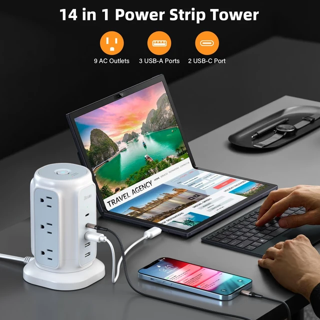 Alt view image 2 of 6 - Power Strip Tower, 1625W Surge Protector with 9AC Outlets 5 USB Ports, 6.5 FT Extension Cord Charging Tower for Multiple Devices, for Office Supplies, Dorm Room Essentials for Girls, Guys