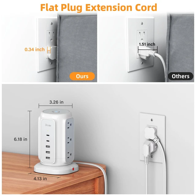 Alt view image 3 of 6 - Power Strip Tower, 1625W Surge Protector with 9AC Outlets 5 USB Ports, 6.5 FT Extension Cord Charging Tower for Multiple Devices, for Office Supplies, Dorm Room Essentials for Girls, Guys