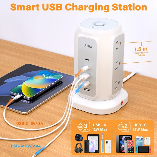 Alt view image 4 of 6 - Power Strip Tower, 1625W Surge Protector with 9AC Outlets 5 USB Ports, 6.5 FT Extension Cord Charging Tower for Multiple Devices, for Office Supplies, Dorm Room Essentials for Girls, Guys