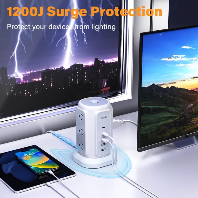 Alt view image 6 of 6 - Power Strip Tower, 1625W Surge Protector with 9AC Outlets 5 USB Ports, 6.5 FT Extension Cord Charging Tower for Multiple Devices, for Office Supplies, Dorm Room Essentials for Girls, Guys