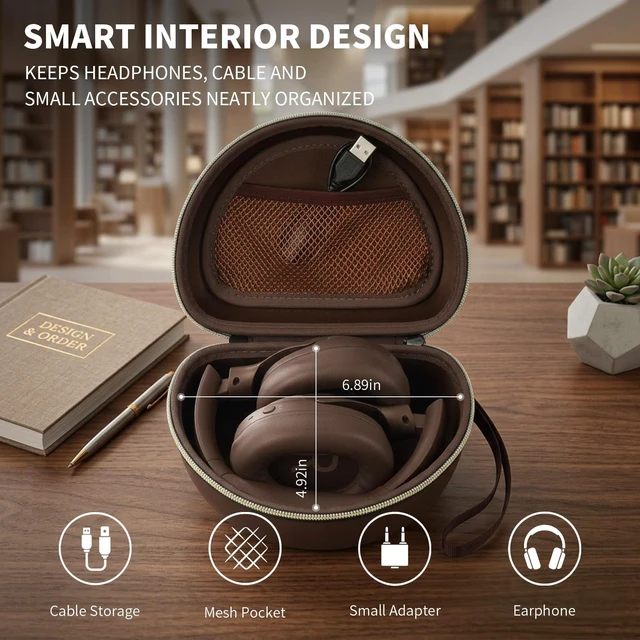 Alt view image 4 of 6 - Hard Headphone Case for Beats/for JBL/for TOZO&Foldable Headphone Crush-Resistant EVA Shell with Mesh Pocket for Cables, Fits Foldable Over-Ear Headphones for Travel, Brown, Case Only