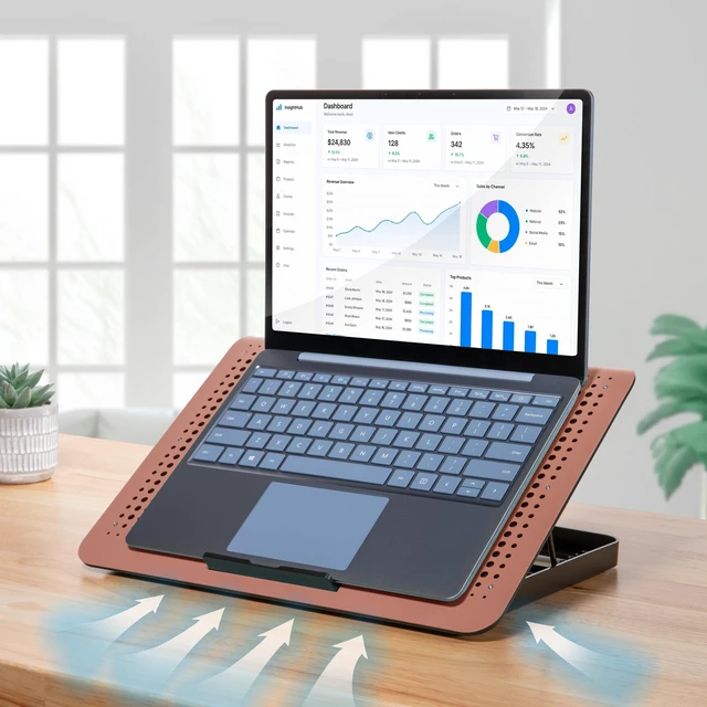 Alt view image 3 of 7 - Aluminum Laptop Cooling Pad, 6-Fan Laptop Cooler Stand for 17 Inch Laptops, 7-Height Adjustable Riser with Fan Speed Control, USB Data Pass-Through, Modern Design for Home Office School (Clay)