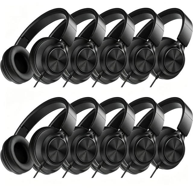 Main image of Classroom Headphones for Schools 10-Pack, Bulk Wired 3.5mm Jack Built-in Microphone, Foldable & Adjustable, Tangle-Free Cable, For Chromebook Laptop Computer, Made for Students, Black