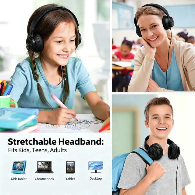 Alt view image 6 of 7 - Classroom Headphones for Schools 10-Pack, Bulk Wired 3.5mm Jack Built-in Microphone, Foldable & Adjustable, Tangle-Free Cable, For Chromebook Laptop Computer, Made for Students, Black