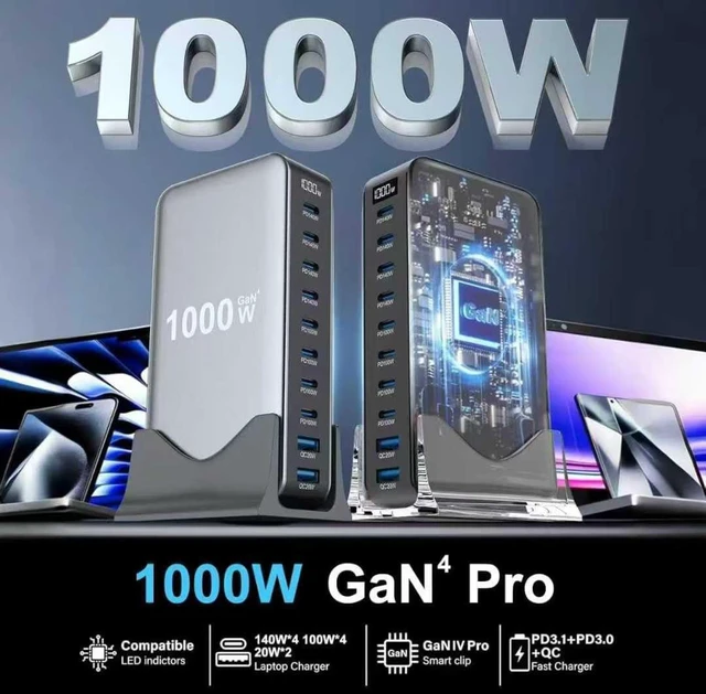 Alt view image 2 of 7 - 1000W USB C Fast Charger Block, 10 Ports GaN IV Pro USB Chagring Station, 140W PD QC HUB for Multiple Devices, Laptop Adapter Compatible with MacBook Pro/Air iPad iPhone Pro Max, Galaxy, Dell, HP