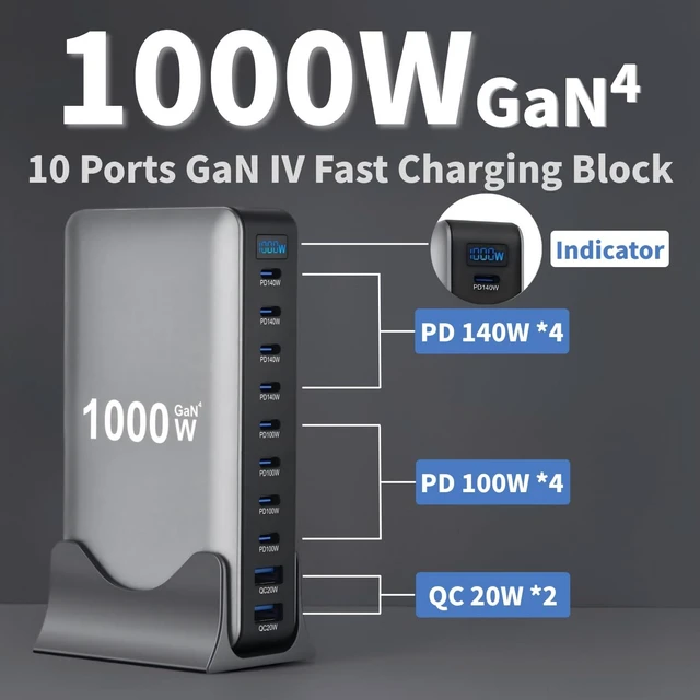 Alt view image 3 of 7 - 1000W USB C Fast Charger Block, 10 Ports GaN IV Pro USB Chagring Station, 140W PD QC HUB for Multiple Devices, Laptop Adapter Compatible with MacBook Pro/Air iPad iPhone Pro Max, Galaxy, Dell, HP