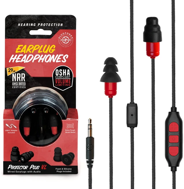 Main image of Protector Plus VL Earplug Headphones, Hearing Protection, Red 29dB NRR Foam/27dB Silicone Plugs, Reusable Ear Plugs for Work, Noise Reduction Earbuds, In Ear Hearing Protection