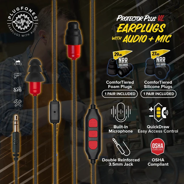 Alt view image 2 of 7 - Protector Plus VL Earplug Headphones, Hearing Protection, Red 29dB NRR Foam/27dB Silicone Plugs, Reusable Ear Plugs for Work, Noise Reduction Earbuds, In Ear Hearing Protection