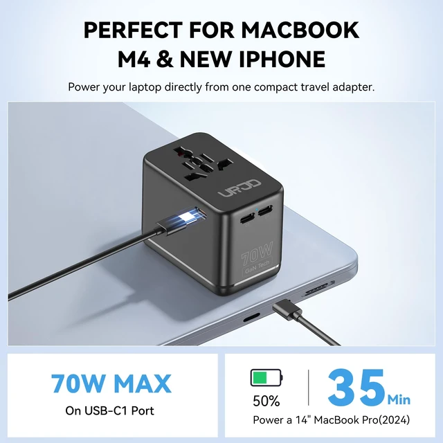 Alt view image 2 of 7 - 70W GaN Universal Travel Adapter, 4 USB C/A + 2 AC, 200+ Countries Compact Series Travel Essentials for Laptop MacBook International Power Adapter for Europe, UK Better Wall Fit