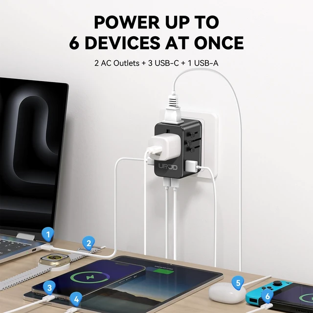 Alt view image 3 of 7 - 70W GaN Universal Travel Adapter, 4 USB C/A + 2 AC, 200+ Countries Compact Series Travel Essentials for Laptop MacBook International Power Adapter for Europe, UK Better Wall Fit