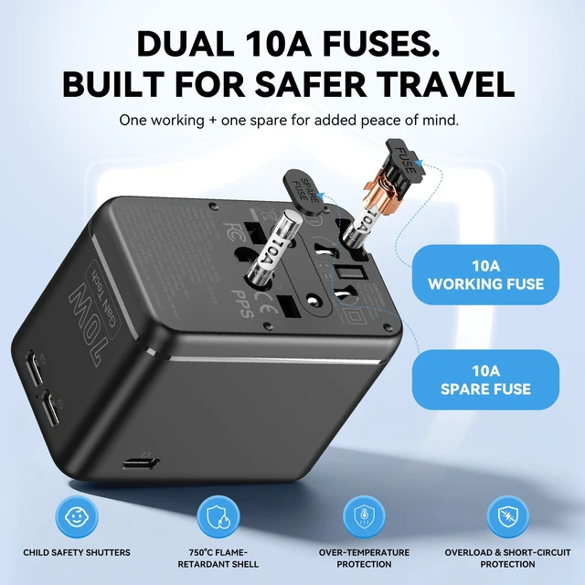 Alt view image 7 of 7 - 70W GaN Universal Travel Adapter, 4 USB C/A + 2 AC, 200+ Countries Compact Series Travel Essentials for Laptop MacBook International Power Adapter for Europe, UK Better Wall Fit