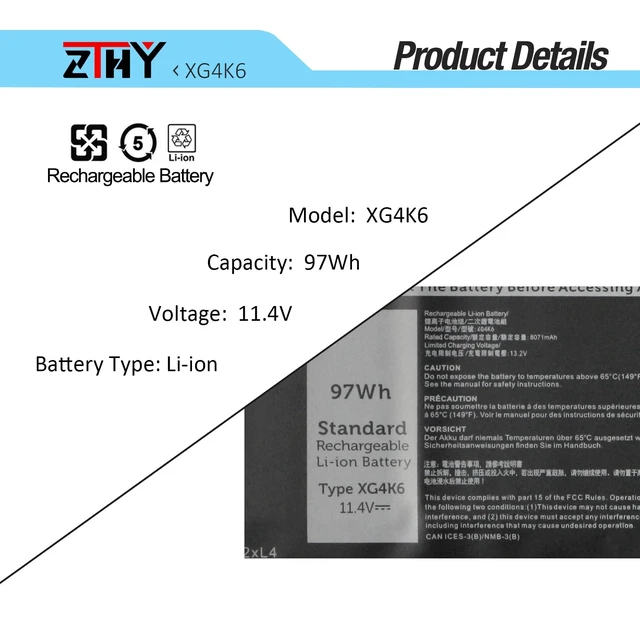 Alt view image 2 of 7 - 97Wh XG4K6 Laptop Battery Replacement for Dell XPS 17 9700 9710 9720 9730 Precision 5750 5760 5770 Series P92F P92F001 P92F002 P92F003 001RR3 01RR3YM F8CPG OF8CPG 5XJ6R KVPMY 0YY3V KRDHV 11.4V 6-Cell