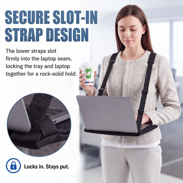 Alt view image 2 of 6 - Laptop Harness for Walking, up to 14 Inches Tablets Laptop Harness Wearable Desk, Anti-slip Upgraded, Black Laptop Stand with Safety Strap for E-readers Notebook Notepad