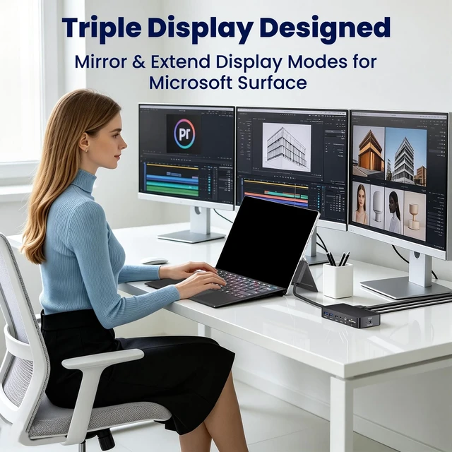 Alt view image 3 of 7 - Surface Pro Docking Station - 2026 New HDMI+HDMI+VGA Triple/Dual Monitor Docking Station for Surface Pro 11/10/9/8/X/7/6/5/4/3, Surface Laptop 7/6/5/4/3/2/1, Surface Laptop Go, Surface Go 4/3/2/1