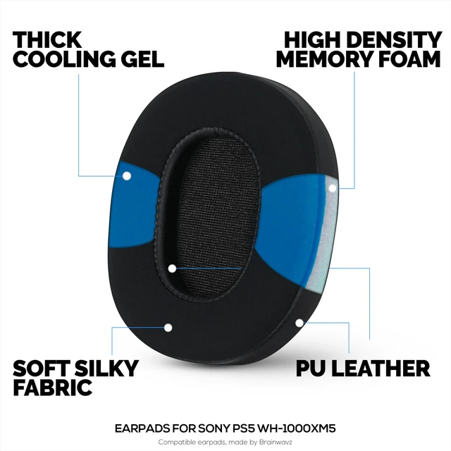 Alt view image 3 of 7 - Hybrid Gel Earpads for Sony WH 1000XM5 Headphones, Cool Gel, Super Soft Fabric, PU Leather & Thicker Memory Foam for Additional Comfort, By