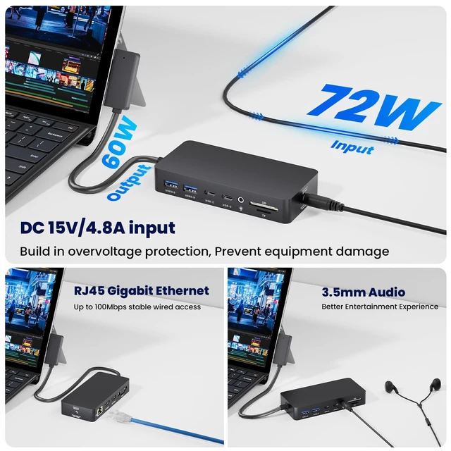 Alt view image 7 of 7 - Surface Pro Docking Station - 2026 New HDMI+HDMI+VGA Triple/Dual Monitor Docking Station for Surface Pro 11/10/9/8/X/7/6/5/4/3, Surface Laptop 7/6/5/4/3/2/1, Surface Laptop Go, Surface Go 4/3/2/1