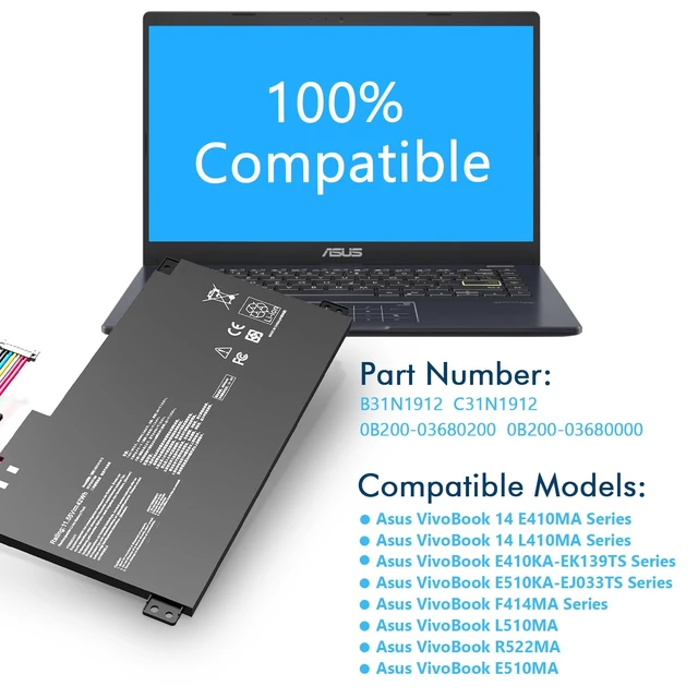 Alt view image 5 of 7 - B31N1912 C31N1912 42Wh Laptop Battery Compatible with ASUS VivoBook 14 E410MA L410MA E410KA E510MA E510KA F414MA L510MA R522MA E410MA-EK026TS EK018TS L410MA-BV058TS E510KA-EJ033TS E510KA-EJ033TS