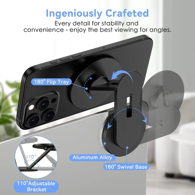 Alt view image 3 of 7 - Magnetic Laptop Phone Holder, 360° Rotating Mount, Black Compatible with iPhone MagSafe and All Phones, MacBook, PC Monitor, Screen Stand for Tesla, Portable Accessory