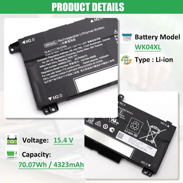 Alt view image 2 of 7 - WK04XL Battery Replacement for HP OMEN 16-b 16-c Victus 16-e 16-d For Victus 16-D0001UR 16-D0023DX 16-E0114AX 16-E0128TX, HSTNN-OB2C M39179-005 M38822-AC1, 15.4V 70.07Wh