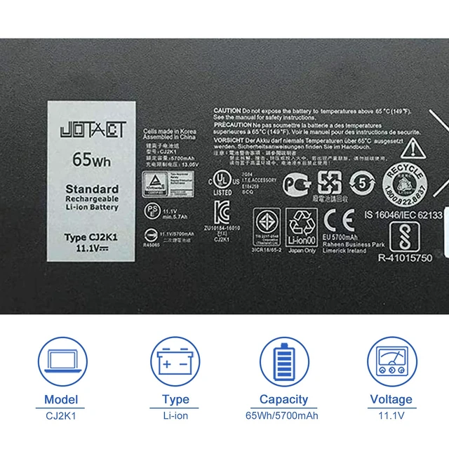 Alt view image 2 of 6 - CJ2K1 X8VWF 65Wh Laptop Battery Compatible with Dell Latitude 14 Rugged 5404 5414 E5404 Extreme 7404 7414 E7404 Series P45G002 P46G Notebook 4XKN5 5XT3V 09FN4 XN4KN DKNKD VCWGN 11.1V 6-Cell