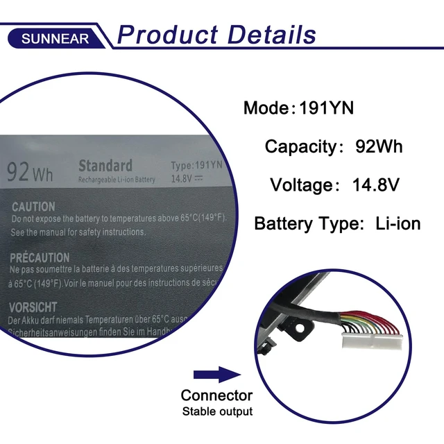 Alt view image 2 of 6 - 191YN Laptop Battery for Dell Alienware 15 R1 R2 ALW15ED ALW15CD ALW15ER Series 410GJ 2F3W1 08NH55 92Wh 6000mAh
