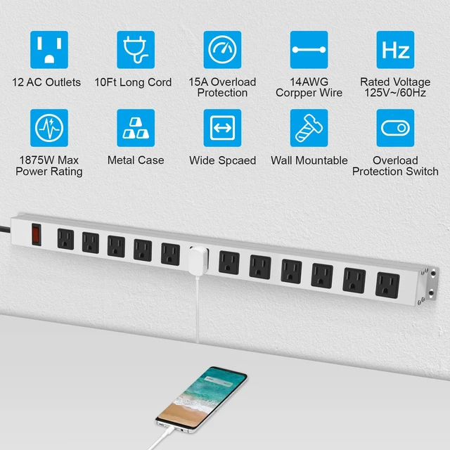 Alt view image 2 of 7 - Metal Long 12 Outlet Surge Protector Power Strip, White, 10 FT Plug Extender with Heavy Duty Extension Cord, Wall Mount, Wide Spaced, with Switch, ETL Listed