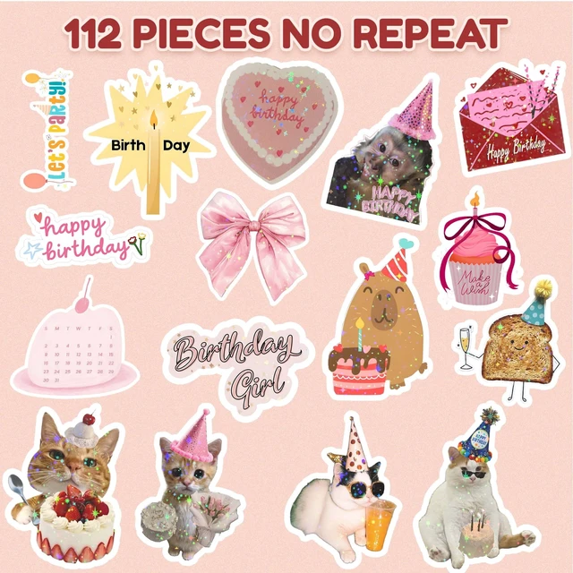 Alt view image 2 of 6 - 112PCS Happy Birthday Stickers, Cute Waterproof Vinyl Birthday Stickers for Adults, Birthday Party Supplies, Scrapbooking, Cards, Laptop and Water Bottle Decorations