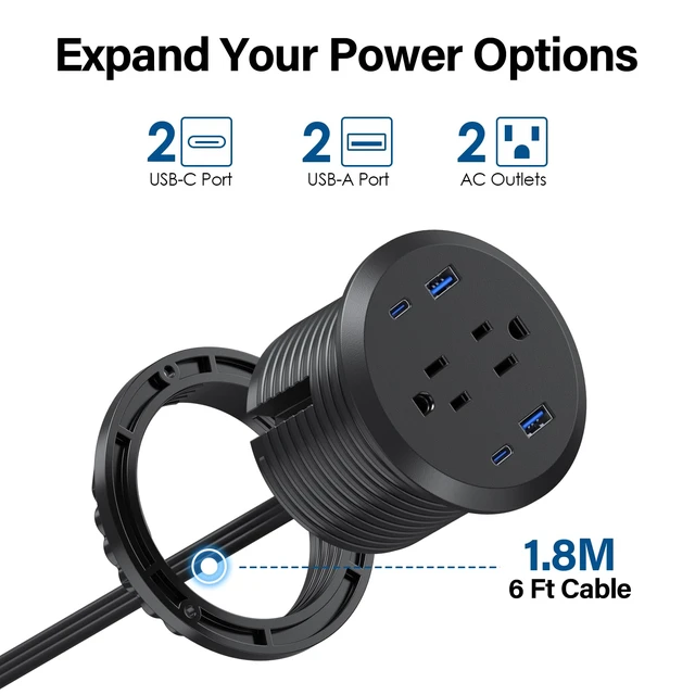 Alt view image 2 of 7 - Desktop Power Grommet,GaN 65W USB C Fast Charging Station,2 AC Outlets,4 USB Ports in to the Top of Your Desk,Flush Mount Power Grommet 3-inch Hole,Countertop Recessed Outlet