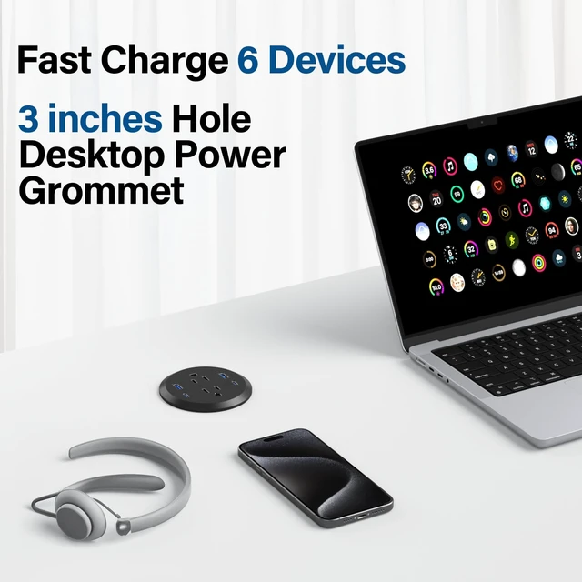 Alt view image 4 of 7 - Desktop Power Grommet,GaN 65W USB C Fast Charging Station,2 AC Outlets,4 USB Ports in to the Top of Your Desk,Flush Mount Power Grommet 3-inch Hole,Countertop Recessed Outlet