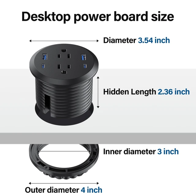 Alt view image 6 of 7 - Desktop Power Grommet,GaN 65W USB C Fast Charging Station,2 AC Outlets,4 USB Ports in to the Top of Your Desk,Flush Mount Power Grommet 3-inch Hole,Countertop Recessed Outlet