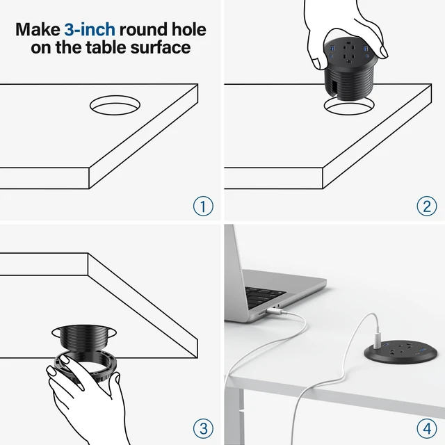 Alt view image 7 of 7 - Desktop Power Grommet,GaN 65W USB C Fast Charging Station,2 AC Outlets,4 USB Ports in to the Top of Your Desk,Flush Mount Power Grommet 3-inch Hole,Countertop Recessed Outlet
