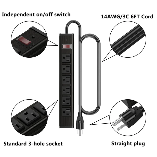 Alt view image 3 of 6 - Metal Socket Wall Mount 6 Outlets Heavy Duty Power Strip, 6 Feet Extension Cord, Mounting Brackets Included,Workshop/Industrial Use, ETL Certified