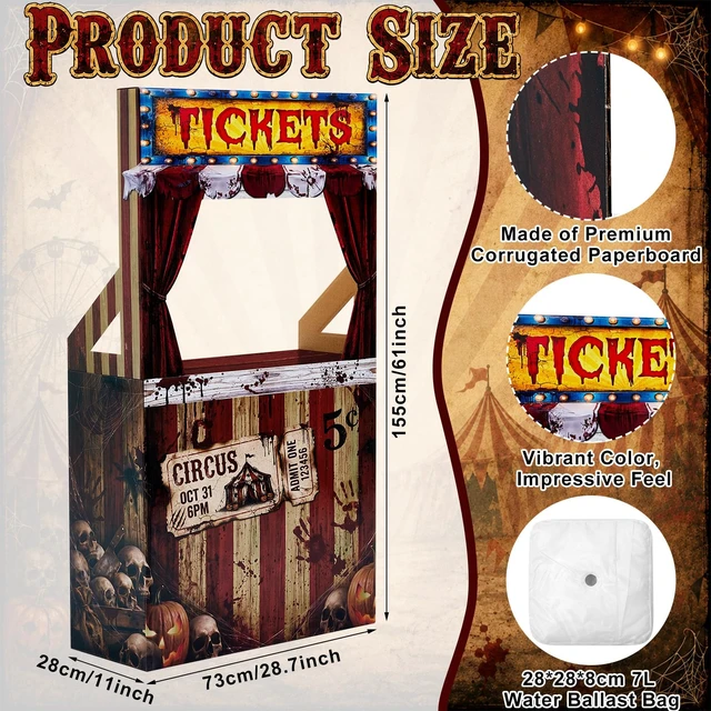 Alt view image 2 of 7 - Circus Halloween Decorations Creepy Clown Carnival Ticket Booth Photo Prop Cardboard Circus Ticket Booth Stand with a 7 Liter Water Weight Bag (No Water), Photo Prop Decorative Sign for Party