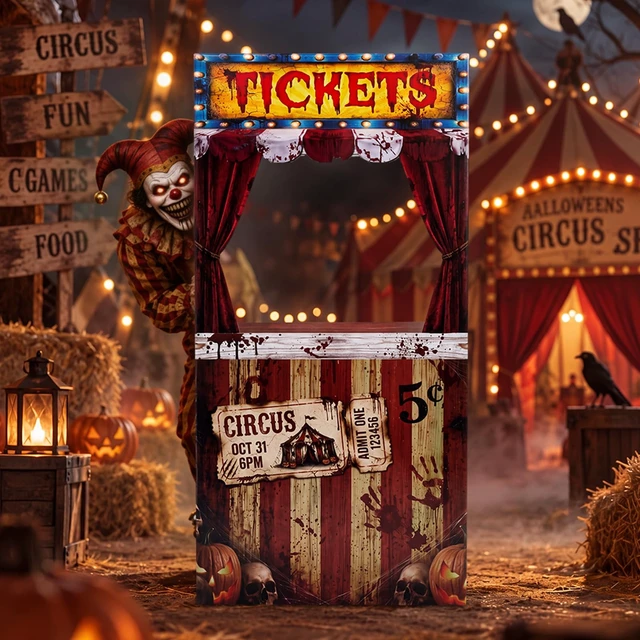 Alt view image 5 of 7 - Circus Halloween Decorations Creepy Clown Carnival Ticket Booth Photo Prop Cardboard Circus Ticket Booth Stand with a 7 Liter Water Weight Bag (No Water), Photo Prop Decorative Sign for Party