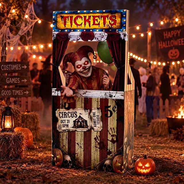Alt view image 6 of 7 - Circus Halloween Decorations Creepy Clown Carnival Ticket Booth Photo Prop Cardboard Circus Ticket Booth Stand with a 7 Liter Water Weight Bag (No Water), Photo Prop Decorative Sign for Party